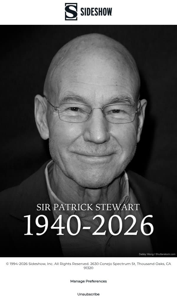 π Rest in peace, Patrick Stewart. email from Sideshow Collectibles screenshot