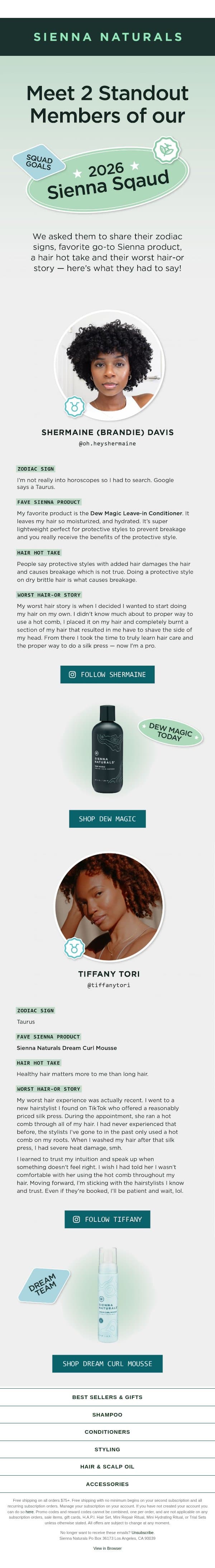 October's Sienna Squad Spotlight email from Sienna Naturals screenshot