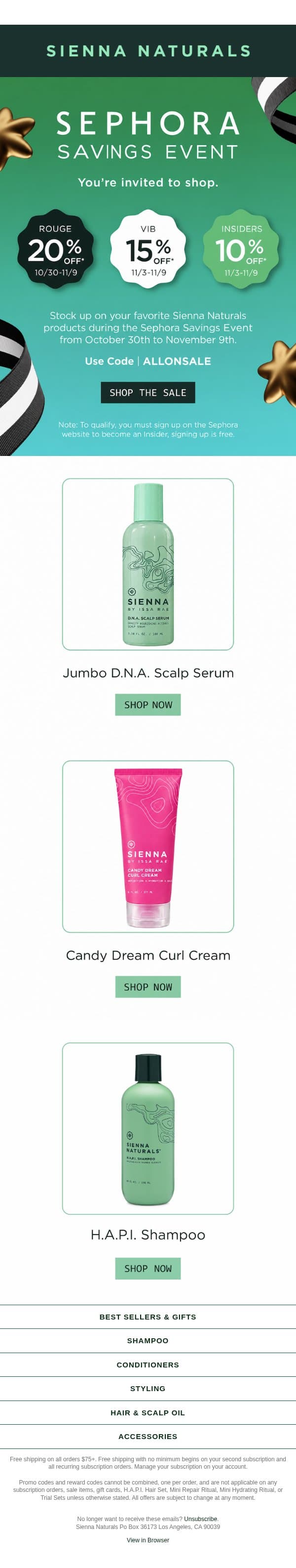 The Sephora Savings Event is Here!✨ email from Sienna Naturals screenshot