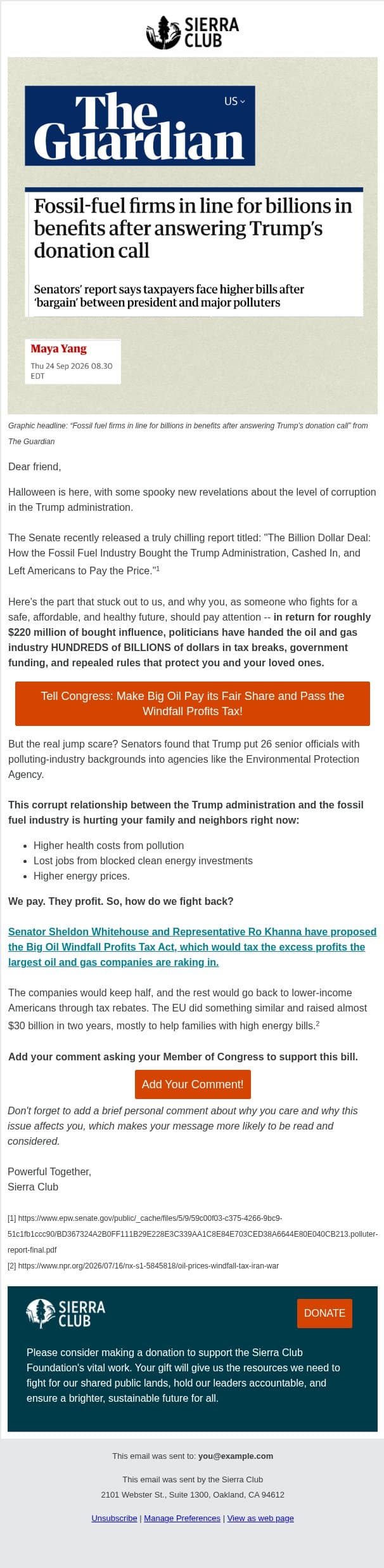 A horror story between Trump & Big Oil π§ββοΈ email from Sierra Club screenshot