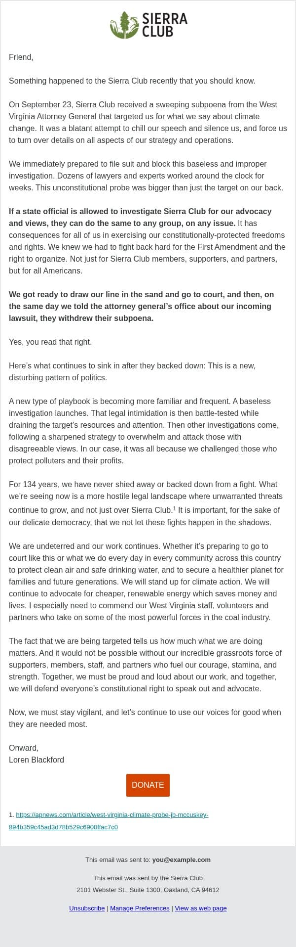 Fighting the West Virginia Attorney General’s Investigation email from Sierra Club screenshot