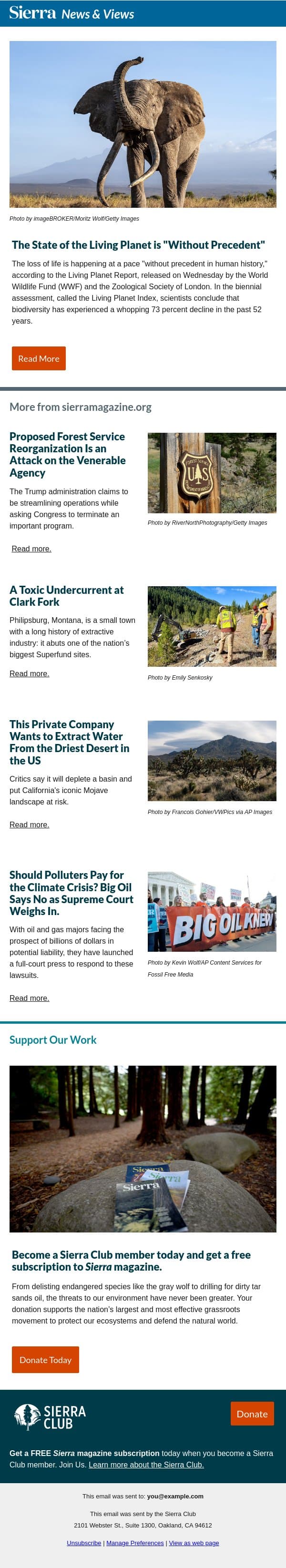 The State of the Living Planet is "Without Precedent" email from Sierra Club screenshot