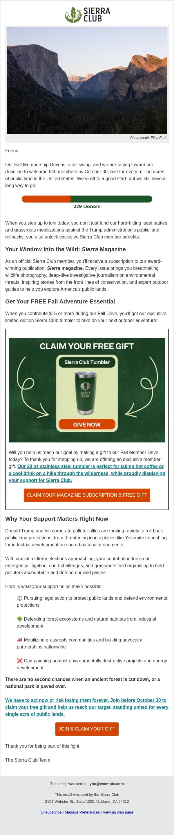 Stand up for public lands (+ your free gift) email from Sierra Club screenshot