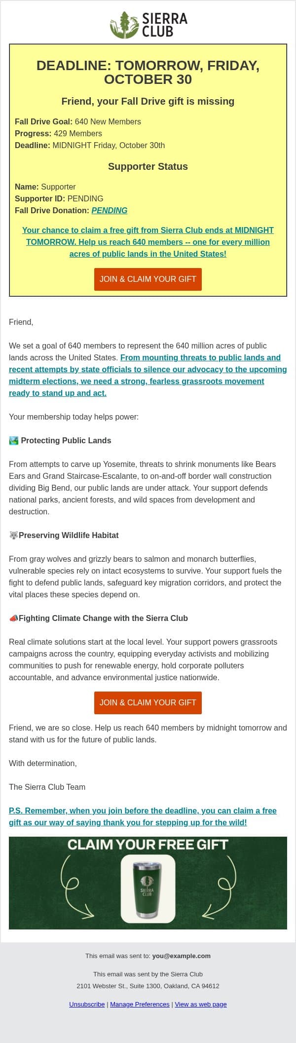 Friend, we are missing your Fall Drive Gift email from Sierra Club screenshot