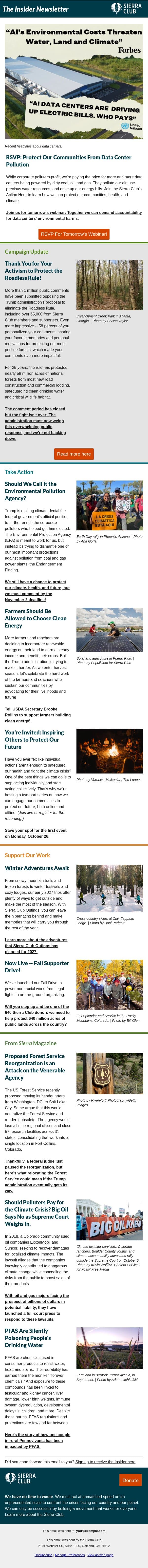 Is a data center polluting your neighborhood? email from Sierra Club screenshot