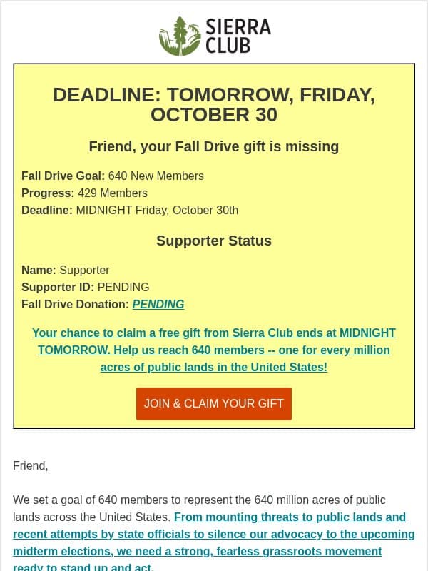 Friend, we are missing your Fall Drive Gift email from Sierra Club