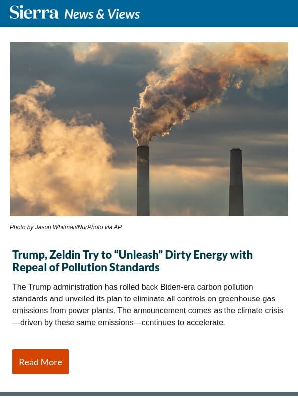 Trump, Zeldin Try to “Unleash” Dirty Energy with Repeal of Pollution Standards email from Sierra Club