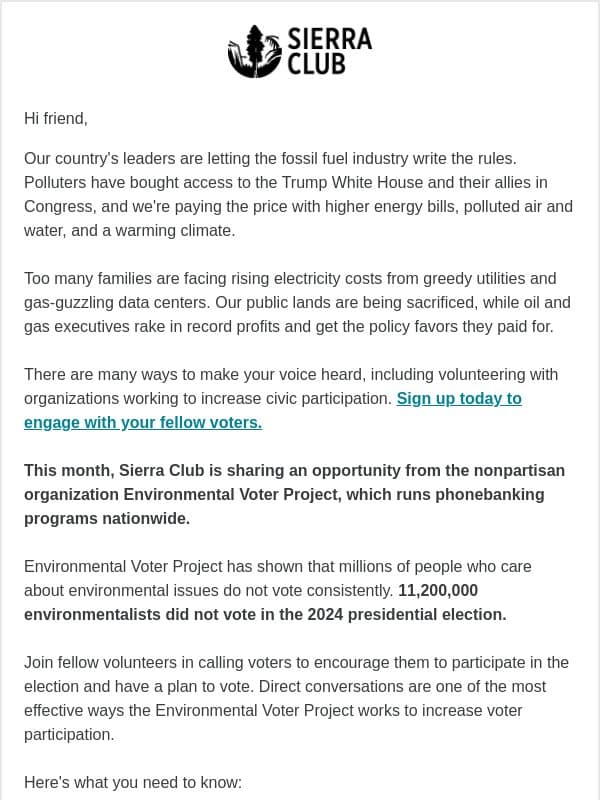 Talk to Voters this Election ☎️ email from Sierra Club