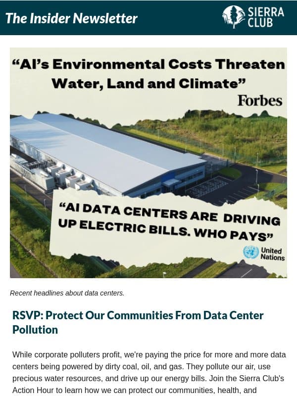 Is a data center polluting your neighborhood? email from Sierra Club