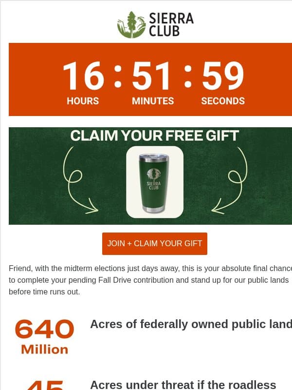 We need 6 donors in your state before 11:59 PM email from Sierra Club
