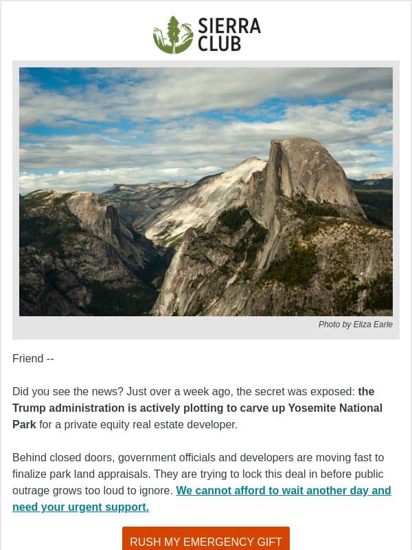 🚨 UPDATE: Trump's Yosemite land deal (We aren't backing down) email from Sierra Club