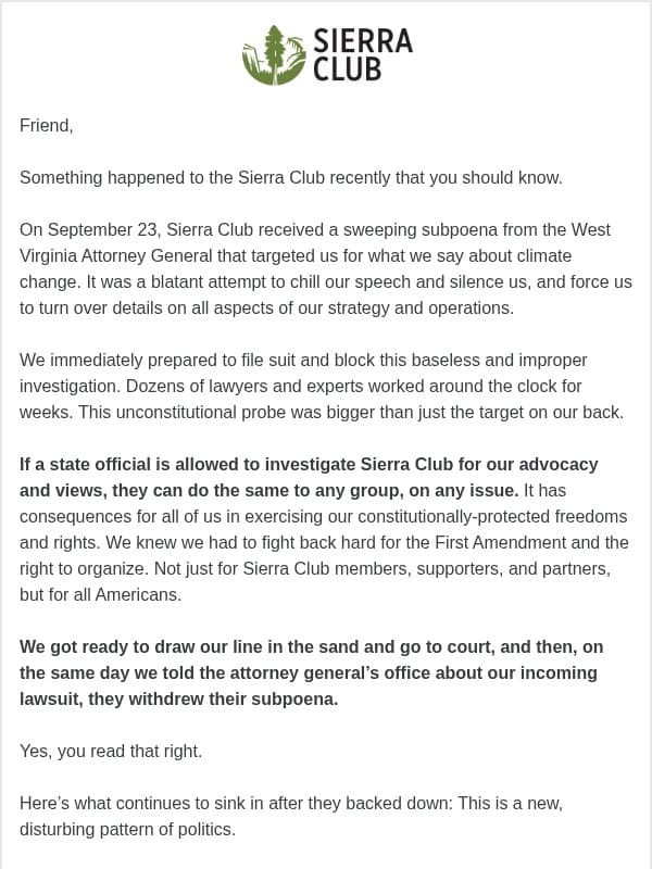 Fighting the West Virginia Attorney General’s Investigation email from Sierra Club