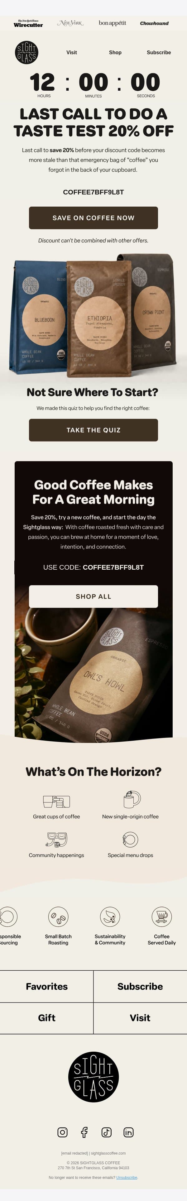 Last call for 20% off Sightglass email from Sightglass Coffee screenshot