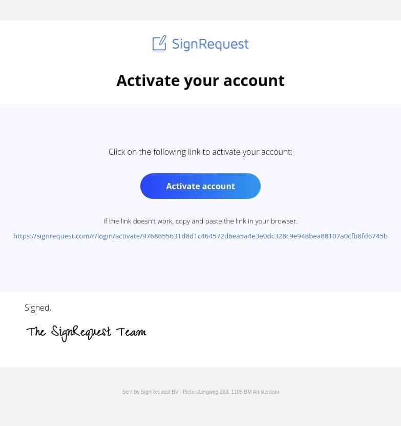 Activate your SignRequest account email from SignRequest screenshot