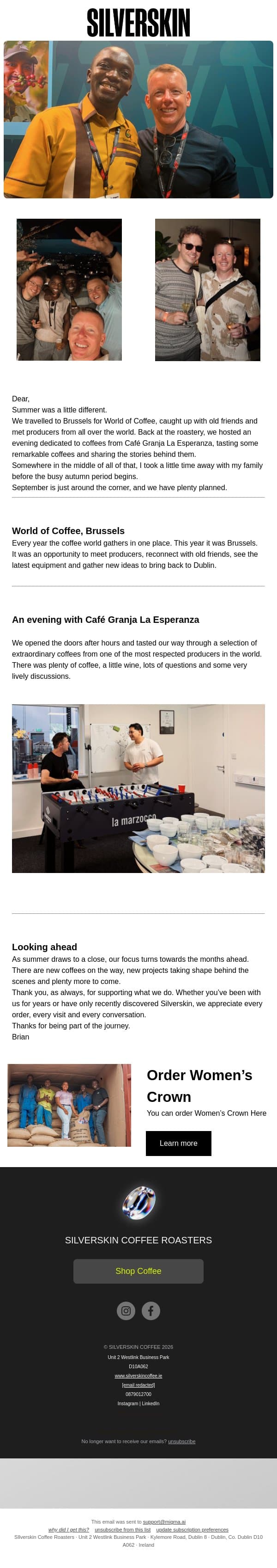 From Brussels to Dublin email from Silverskin Coffee Roasters screenshot