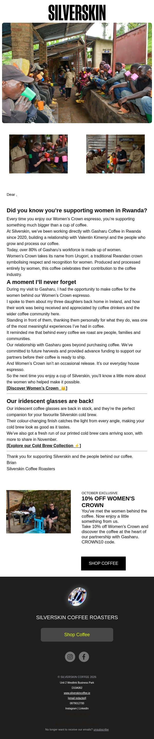 Did you know you're supporting women in Rwanda? email from Silverskin Coffee Roasters screenshot
