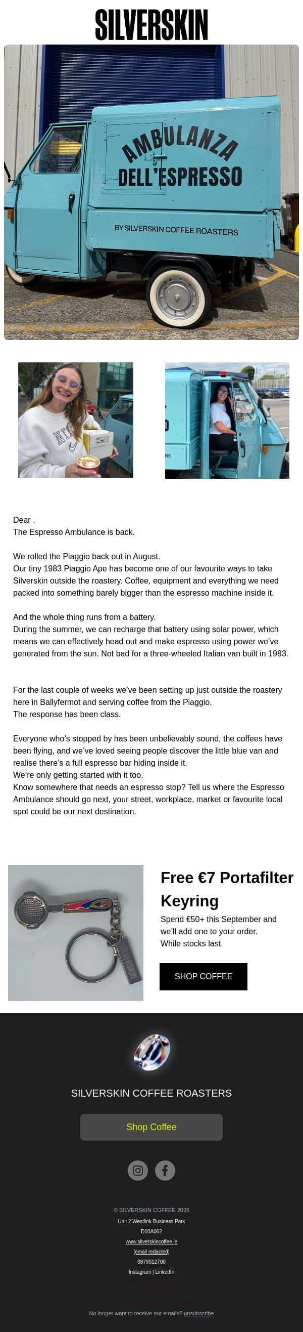 The Espresso Ambulance is back + a free €7 keyring email from Silverskin Coffee Roasters screenshot