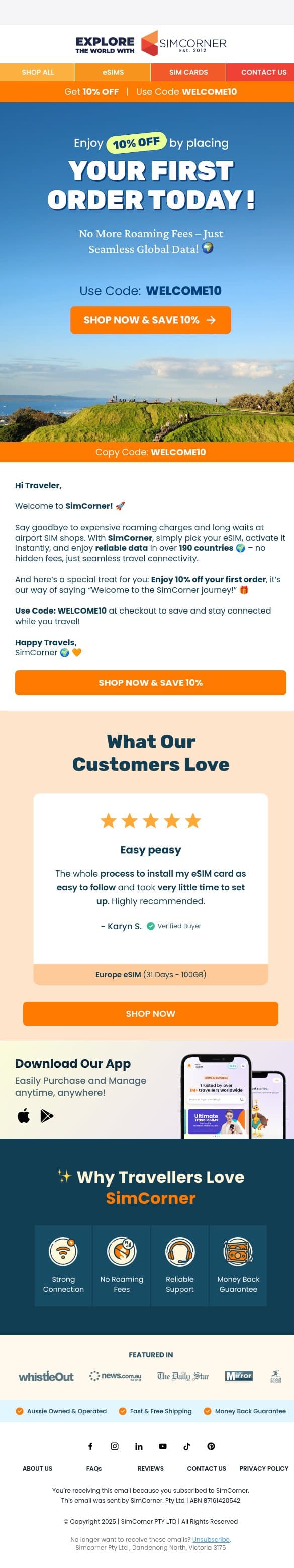 Your 10% Off Code is Here! 🌍 Start Saving with Simcorner! email from SimCorner screenshot