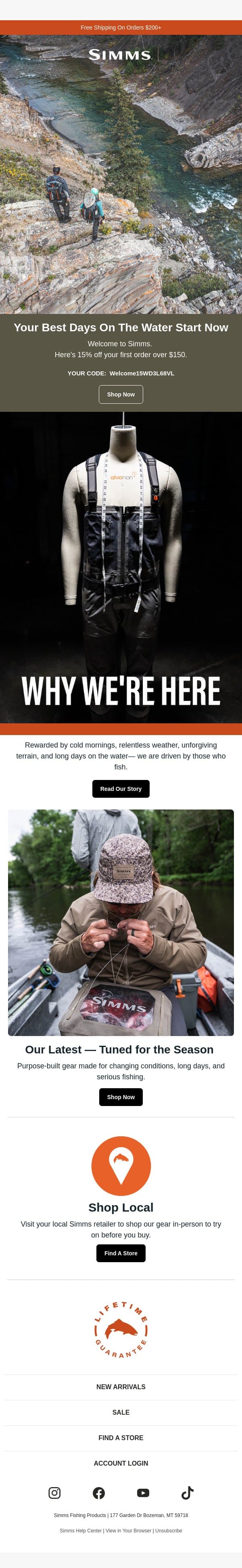 15% off your first order email from Simms Fishing screenshot