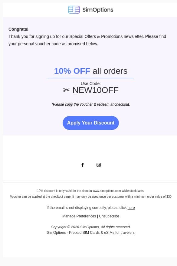Welcome to SimOptions! 🙌 email from SimOptions screenshot