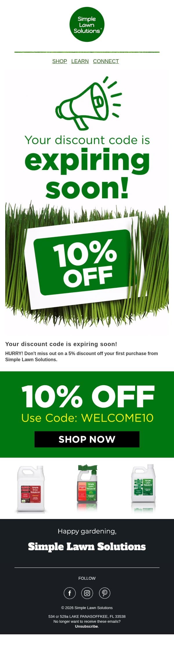 Did you forget about your discount code? 😳 email from Simple Lawn Solutions screenshot