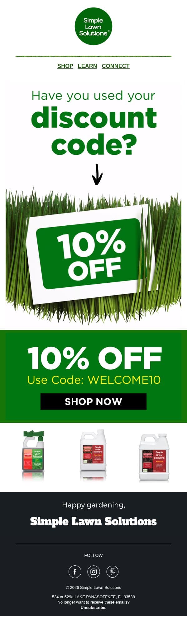 Don't miss out on your 10% OFF Discount Code 🤗 email from Simple Lawn Solutions screenshot