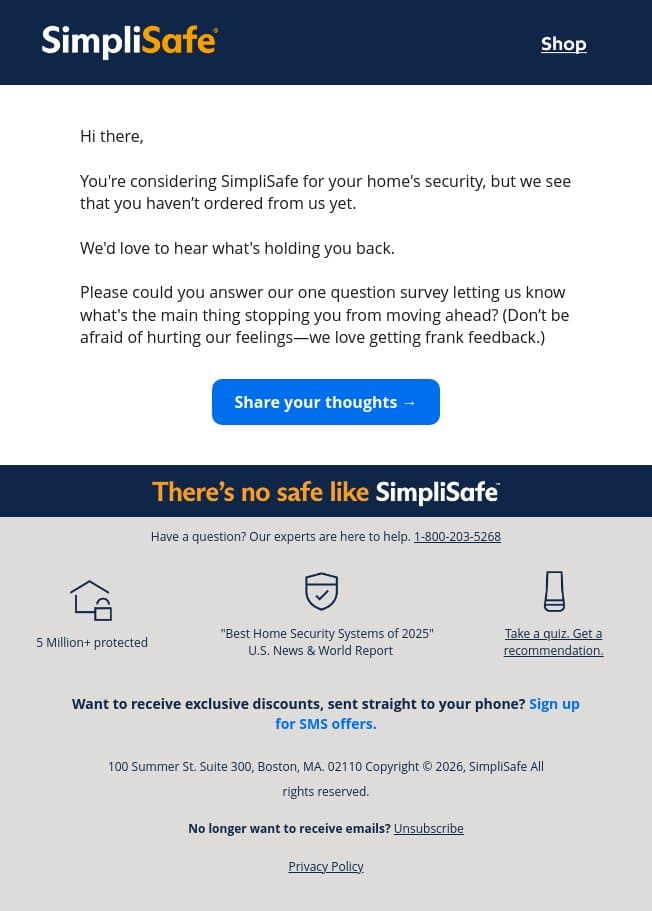 Please be blunt email from SimpliSafe screenshot