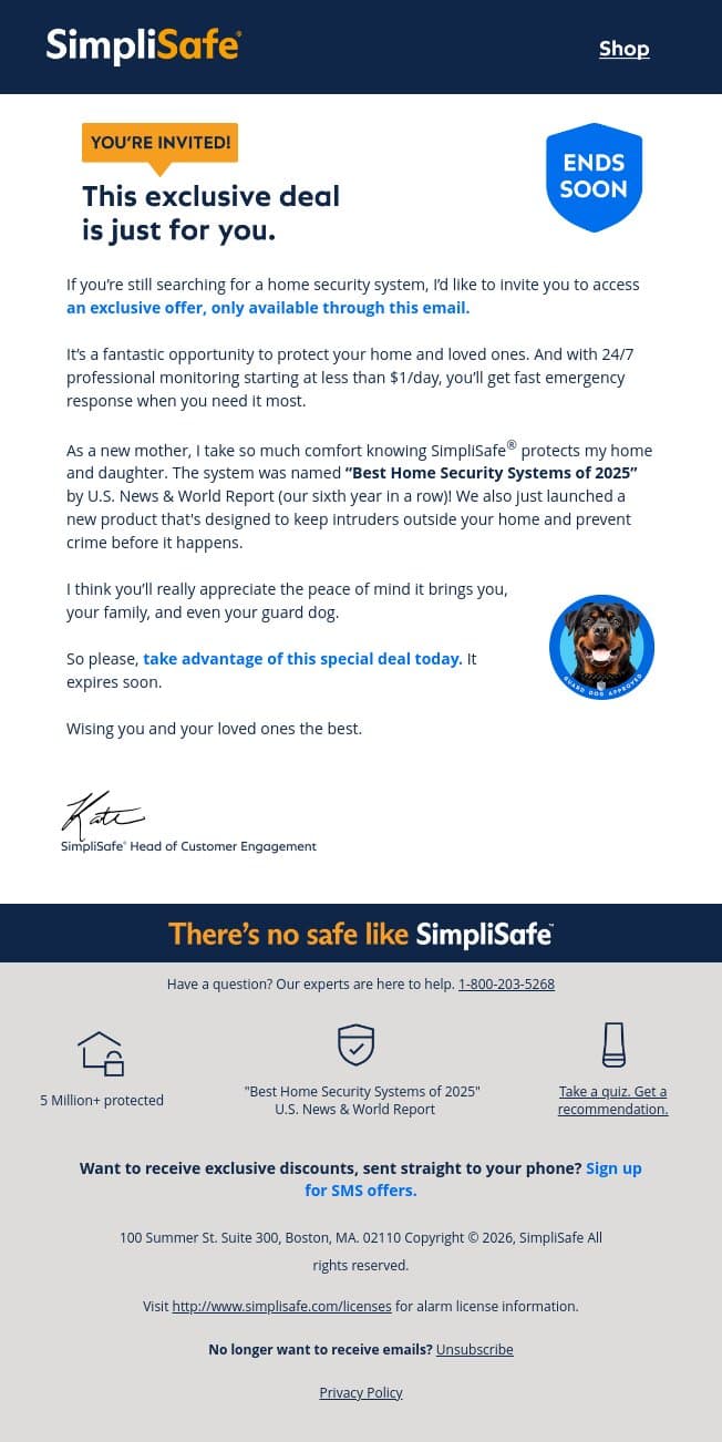 Still need a security system? This offer is for you email from SimpliSafe screenshot