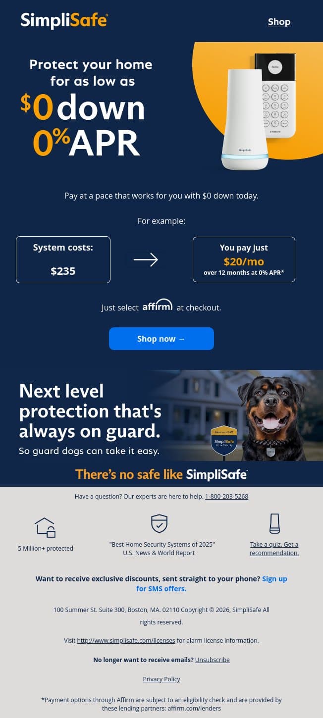 Protect now, pay later. email from SimpliSafe screenshot