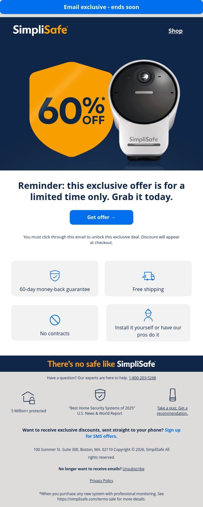 Big savings, no commitments email from SimpliSafe screenshot