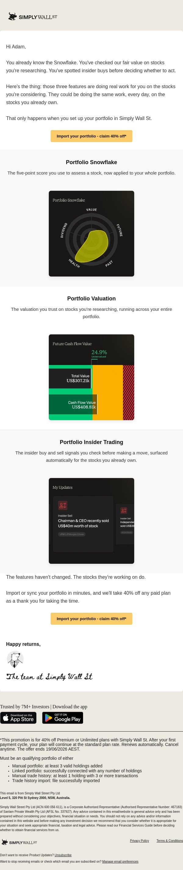 Your favorite features, now on your own stocks | 40% off on now email from Simply Wall St screenshot