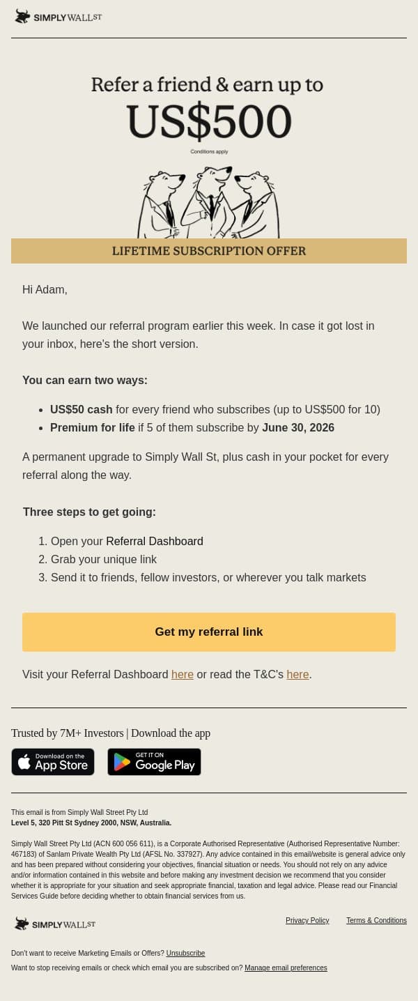 Premium subscription for life is still up for grabs email from Simply Wall St screenshot