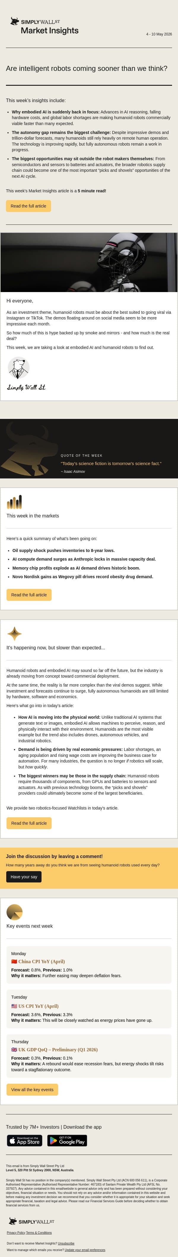 Market Insights: Robot + AI: is it happening sooner than we thought? π§ email from Simply Wall St screenshot