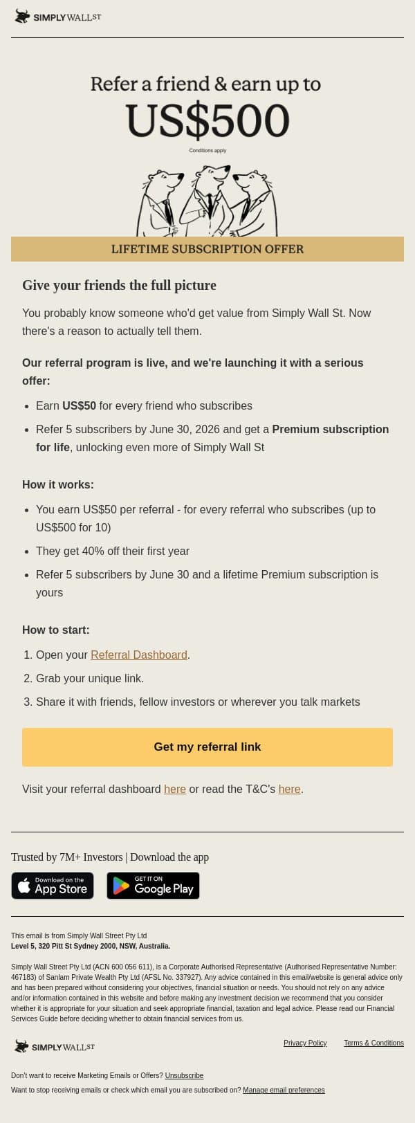 Earn US$50 per referral (plus a free upgrade to Premium for life) email from Simply Wall St screenshot
