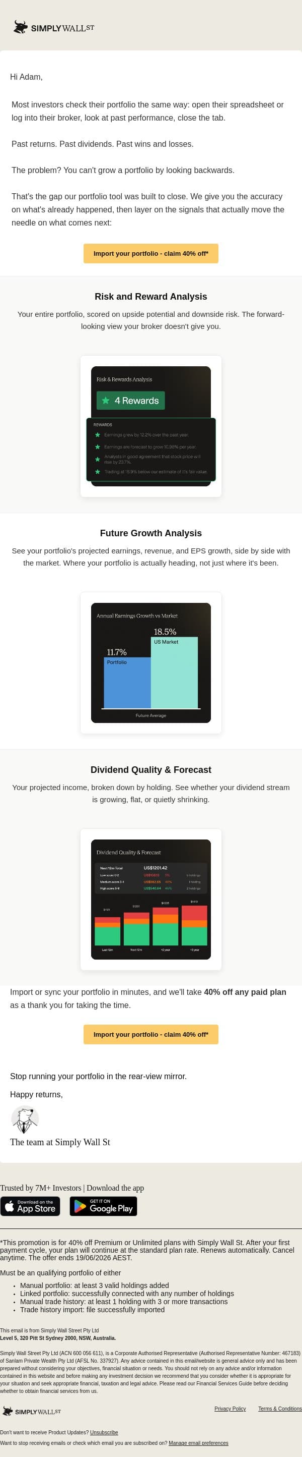 The one reason your portfolio isn't growing | Last Chance to get 40% off email from Simply Wall St screenshot