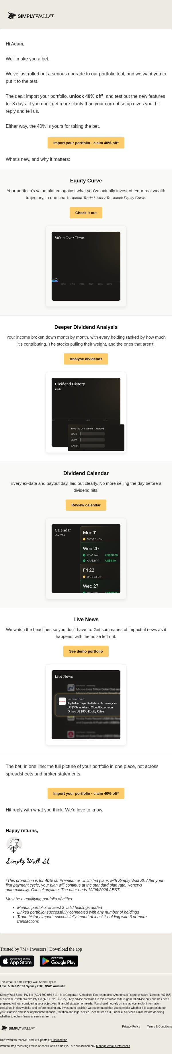 An 8-day bet, with 40% off on the table email from Simply Wall St screenshot