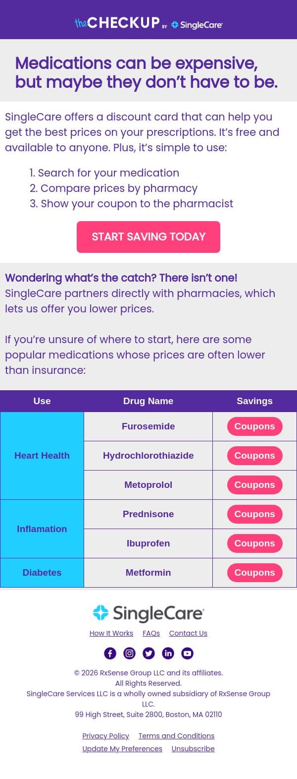Save up to 80% on your prescriptions! email from SingleCare screenshot