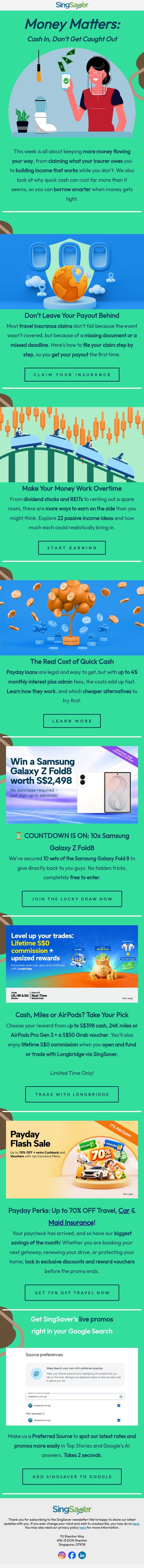 Money Matters: Cash In, Don’t Get Caught Out email from SingSaver screenshot