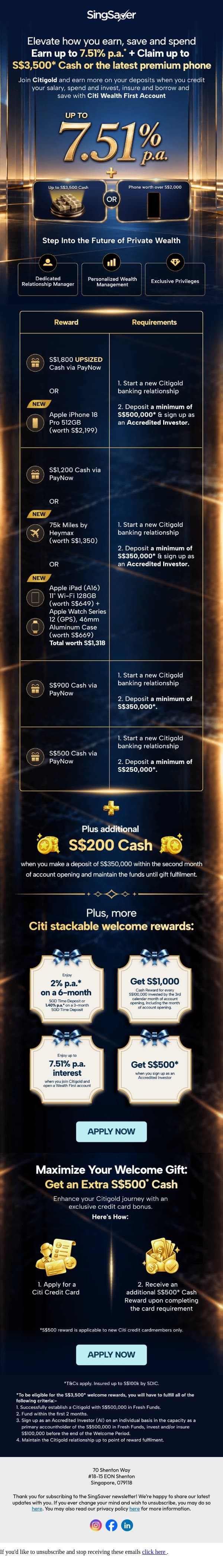 Enjoy up to S$3,500* Cash or a Premium Phone with Citigold 🔑 email from SingSaver screenshot