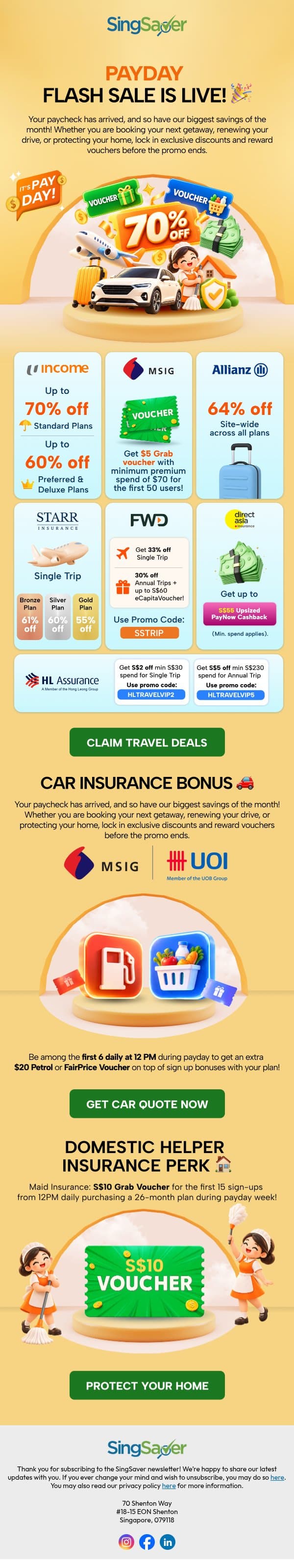 🤑 Payday Perks: Up to 70% OFF Travel, Car & Maid Insurance! email from SingSaver screenshot
