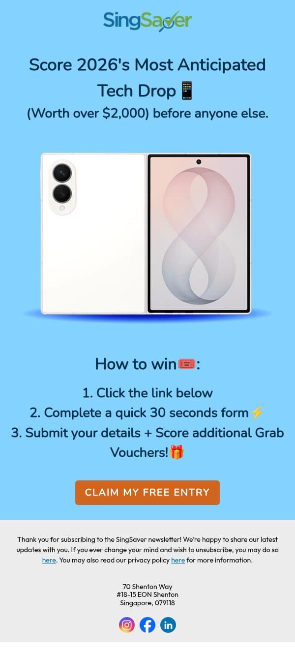 Your guaranteed S$5 Grab voucher (+ Z Fold8 entry) inside email from SingSaver screenshot