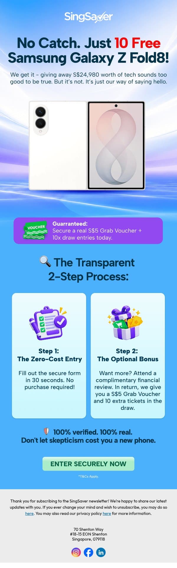 Still haven’t entered? Win a S$2,498 Samsung Galaxy Z Fold 8 (No purchase needed) email from SingSaver screenshot