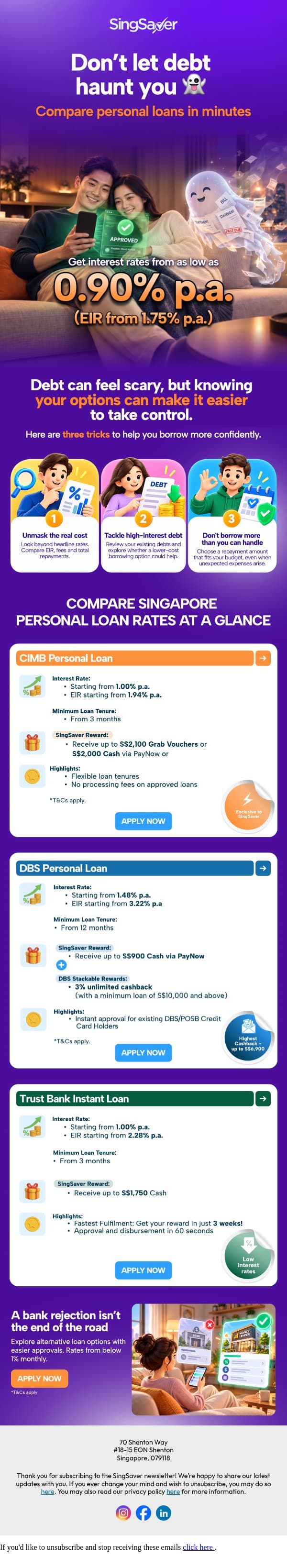 From 0.90% p.a. — No Tricks, Just Lower Rates👻 email from SingSaver screenshot