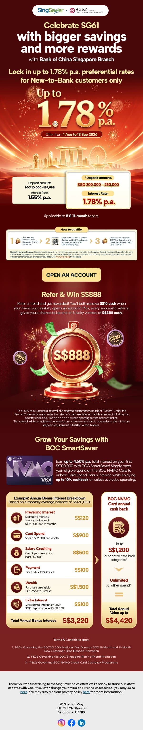 Your SG61 National Day Bonanza perks are here ๐ email from SingSaver screenshot