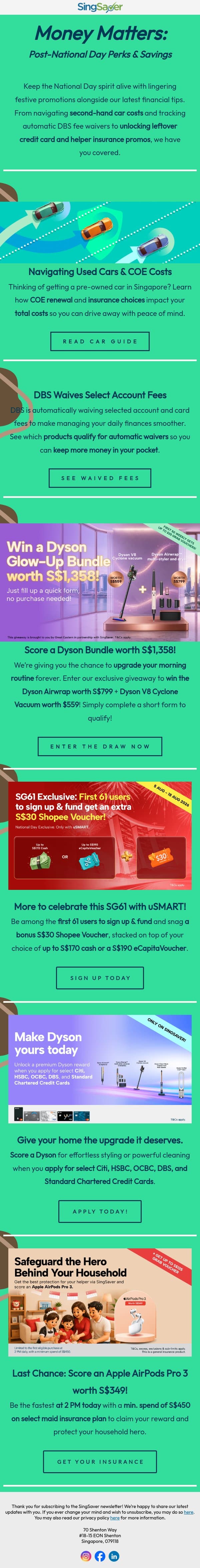 Money Matters: Post-National Day Perks & Savings email from SingSaver screenshot