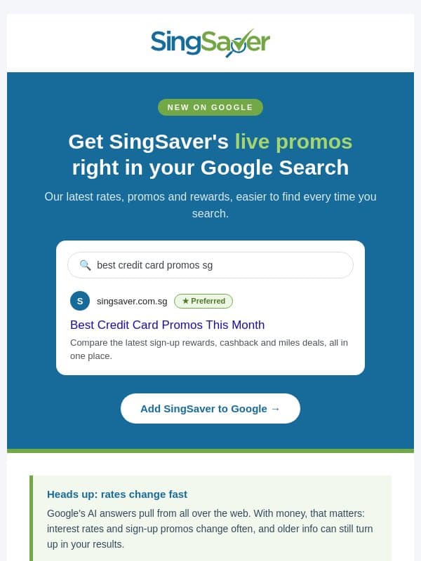 Get SingSaver’s live promos in your Google Search 🔍 email from SingSaver