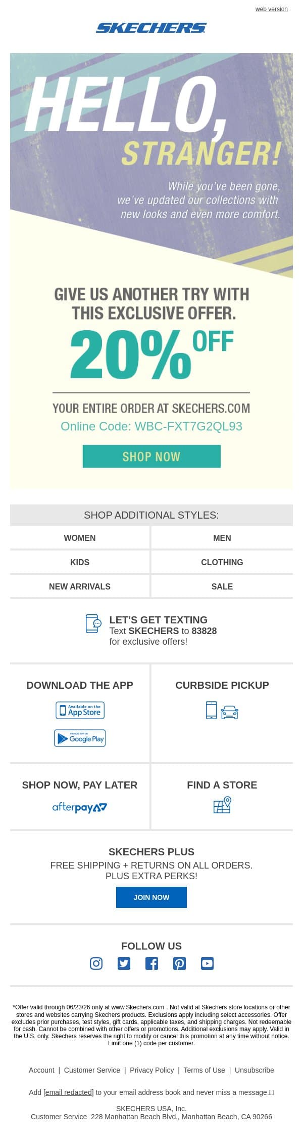Your exclusive discount code is waiting! email from Skechers screenshot