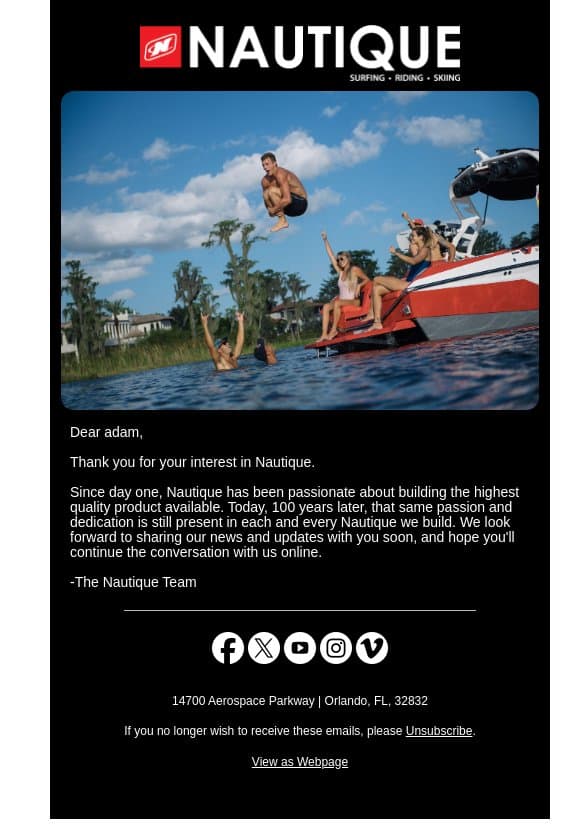 Thank You From Nautique email from Ski Nautique screenshot