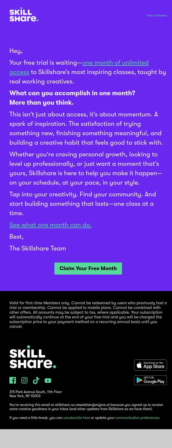 Unlock your free month and get creating ✨ email from Skillshare screenshot