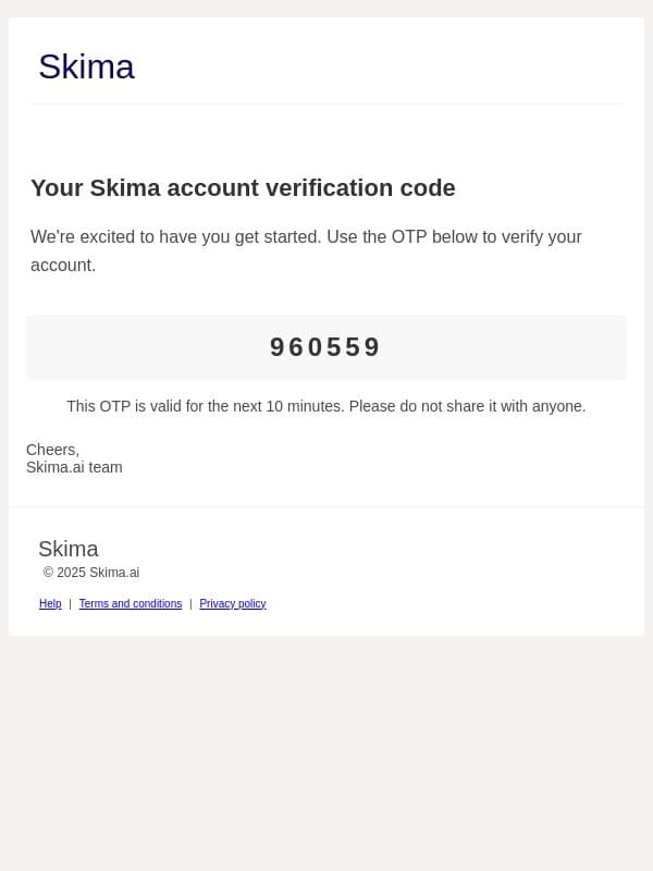 Your Skima account verification code email from Skima AI screenshot